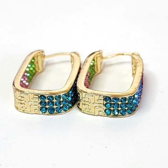 Gold with Multi Color Pave Crystal Rectangle Hoop Earrings - Picture 4 of 6
